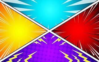 Comic book page template colorful frame divided by lines with halftone radial rays and dots effect in pop art style vector