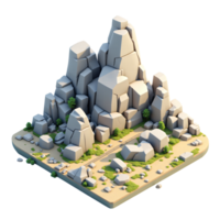 A 3d model of a mountain with rocks and trees png