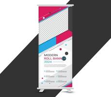 Modern geometric red and white color roll up banner template design vector