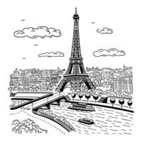 Eiffel Tower in Paris with city in background top view. Paris landmark. Linear illustration. Doodle style vector