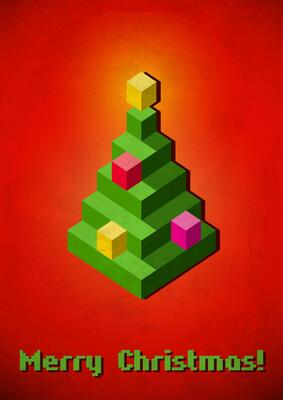 Christmas tree vintage card made of 3D pixels