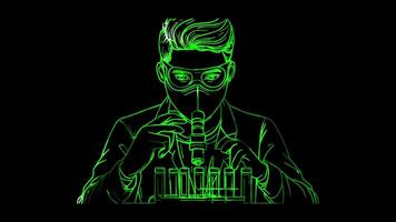 Neon frame effect, Scientist with test tubes, a microscope, and a lab coat on black background video