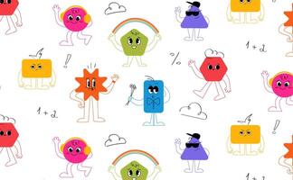 Set of geometric shapes characters with different emotions pattern. Flat illustration of rectangle triangle circle trapezoid mascots with doodle elements. Abstract characters with funny faces vector