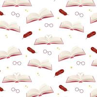 school of magic book in expanded form. pattern with wizard objects - feathers, flying letter, glasses, flying book. Children's pattern, magical book design. vector