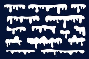 Collection of winter snow caps, snowdrifts and icicles in simple flat style. Hand drawn snow shape on dark background vector