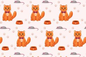 Pattern with happy cat, cute animal, tiger cat, with cat food bowl, mouse, cat on the background of cat tracks. Flat design of striped red cat in cartoon style vector