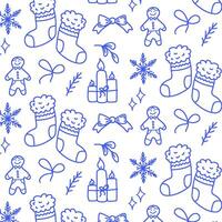 Pattern Hand drawn winter clothes and winter elements. Endless ornament illustration in doodle style Winter mood. Blue ornament on white background vector