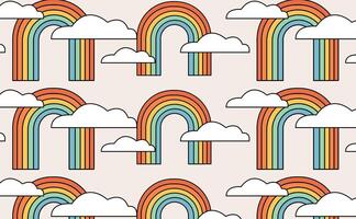 Clockwork funny fashion retro cartoon Rainbow and Cloud. Vintage retro pattern with rainbow. Isolated illustration. Hippie in the style of the 60s, 70s. vector