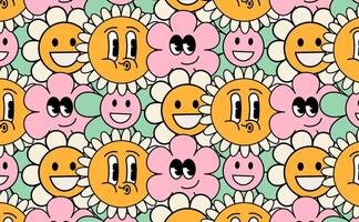 Funny fashion retro pattern crowd of flowers, comic style pattern rubber hose. Isolated illustration. vector