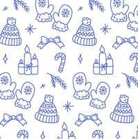 Hand drawn seamless pattern with christmas hat, mittens, snowflakes, bow, christmas candy in doodle style vector