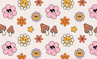 Groovy pattern flower cartoon characters. Funny happy daisy with eyes and smile retro fly agaric. vector