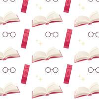 book pattern with wizard objects - glasses, flying books. Children's pattern, magical book design. school of magic book vector