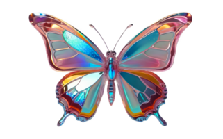 3D chrome element in Y2K style, isolated background, liquid holographic metal. A butterfly with a rainbow colored body and wings, shiny surface. png