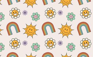 Pattern Groovy flower cartoon characters. Funny happy daisy with eyes and smile. vector