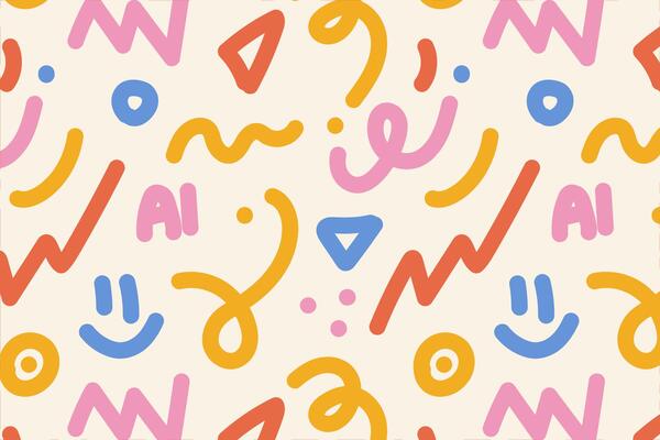 Modern textile pattern with abstract shapes and colorful smiling face. Abstract pattern