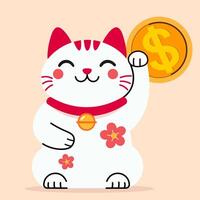 cartoon lucky cat with a raised paw, holding a dollar coin, featuring a red collar and sakura flower details, Japanese and chinese style for fortune, prosperity, good luck and wealth symbol vector