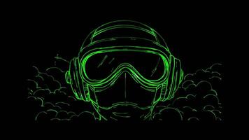 Neon frame effect, Pilot airplane, clouds, and aviator goggles. on black background video