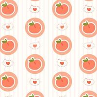 Cute peach pattern with hearts and Doodles on striped background. Cute pattern features adorable peach illustrations and small hearts on a striped background. vector