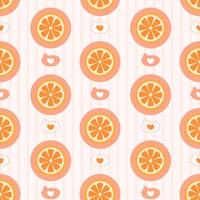 Cute orange slice and heart pattern.A cute pattern featuring vibrant orange slices and heart elements on a soft pink background. vector