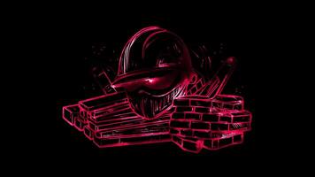 Neon frame effect, Builder hard hat, bricks, and construction tools on black background video