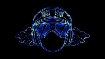 Neon frame effect, Pilot airplane, clouds, and aviator goggles. on black background video