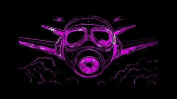 Neon frame effect, Pilot airplane, clouds, and aviator goggles. on black background video
