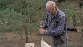 An experienced craftsman is focused on chiseling a wooden part with a chisel and hammer. The serene surroundings highlight his dedication to traditional woodworking. video