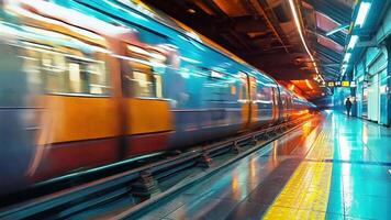 A train is moving through a station at night video