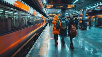 People walking on a platform with a train coming video
