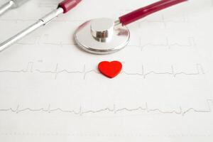 Stethoscope on electrocardiogram , heart wave, heart attack, cardiogram report. photo