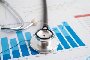 Stethoscope on chart or graph paper, Financial, account, statistics and business data medical health. photo