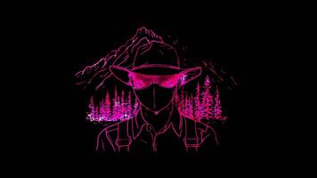 Neon frame effect, Park Ranger, trees mountains, and a ranger hat on black background video