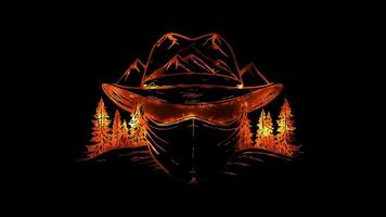 Neon frame effect, Park Ranger, trees mountains, and a ranger hat on black background video
