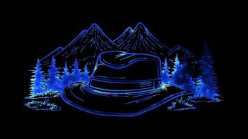 Neon frame effect, Park Ranger, trees mountains, and a ranger hat on black background video