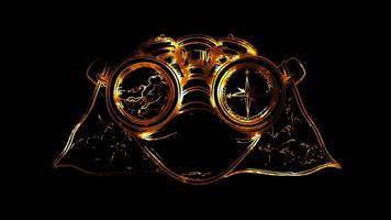 Neon frame effect, Explorer compass, a map, and binoculars on black background video