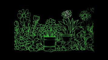 Neon frame effect, Gardener flowers, gardening tools on black background video