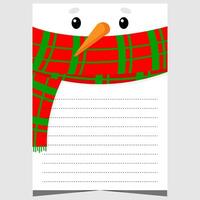 Blank Christmas letter template with cute snowman character wearing scarf. Ready for print or for web document with empty lines to fill out with greeting or wish list by children during holidays. vector
