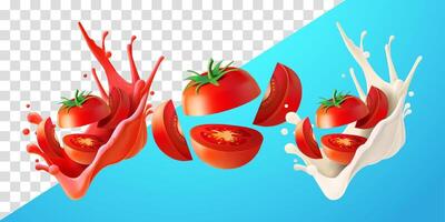 Tomato slices with flying splash juice and fresh milk. Suitable for decoration, elements, food and drinks vector