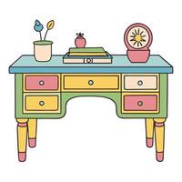 Colorful retro desk with potted plants and books in a playful vector