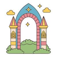 Whimsical fairytale castle arch with clouds and stars in pastel colors vector