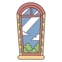 Charming whimsical arched window with a scenic view and puffy clouds vector