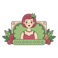 Retro style portrait of a woman with floral elements and decorative frame vector