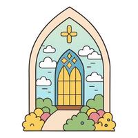 Stained glass window with garden in minimalist line art style vector
