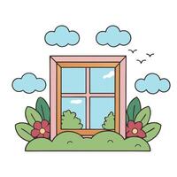 window view with clouds and greenery in a playful illustration style vector