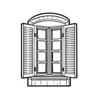 Vintage arched window with open shutters in elegant black and white line art vector