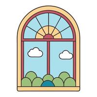 Arched window view with sun and clouds minimal illustration vector