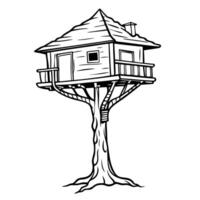 Charming rustic treehouse line art illustration with wooden architecture elements vector