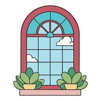 Cozy arched window with potted plants and cloud view vector
