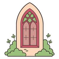 Gothic style arched window with lush greenery in minimalist illustration vector