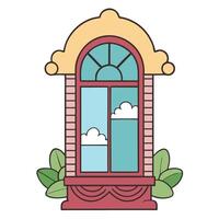 Vintage arched window with clouds and green leaves in colorful illustration vector